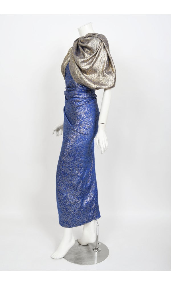 1990's Jacqueline de Ribes Metallic Blue Lurex Silk Asymmetric Bias-Cut Gown