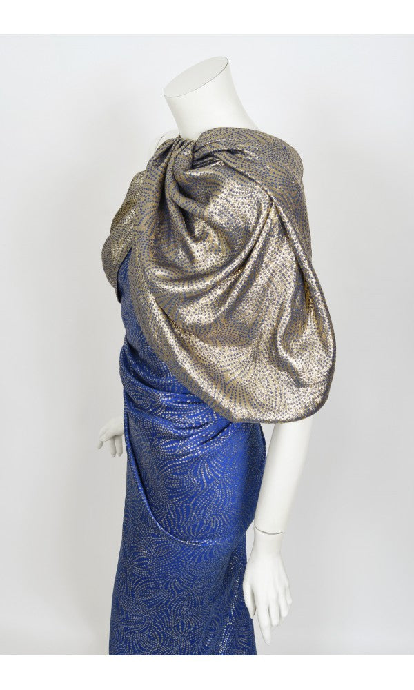 1990's Jacqueline de Ribes Metallic Blue Lurex Silk Asymmetric Bias-Cut Gown
