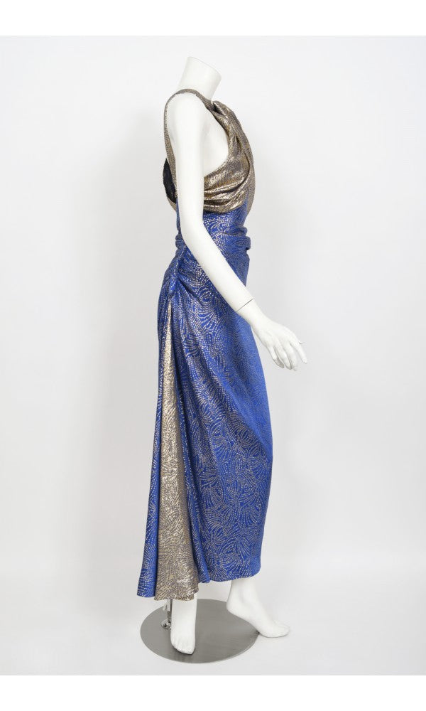 1990's Jacqueline de Ribes Metallic Blue Lurex Silk Asymmetric Bias-Cut Gown