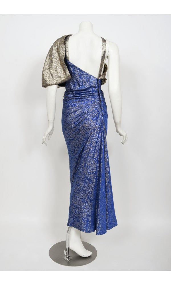 1990's Jacqueline de Ribes Metallic Blue Lurex Silk Asymmetric Bias-Cut Gown