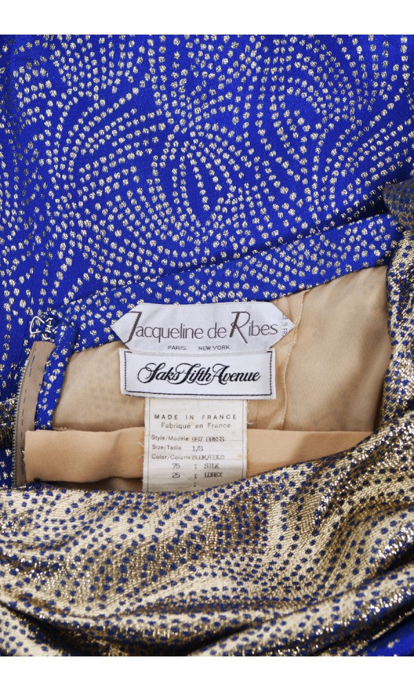 1990's Jacqueline de Ribes Metallic Blue Lurex Silk Asymmetric Bias-Cut Gown