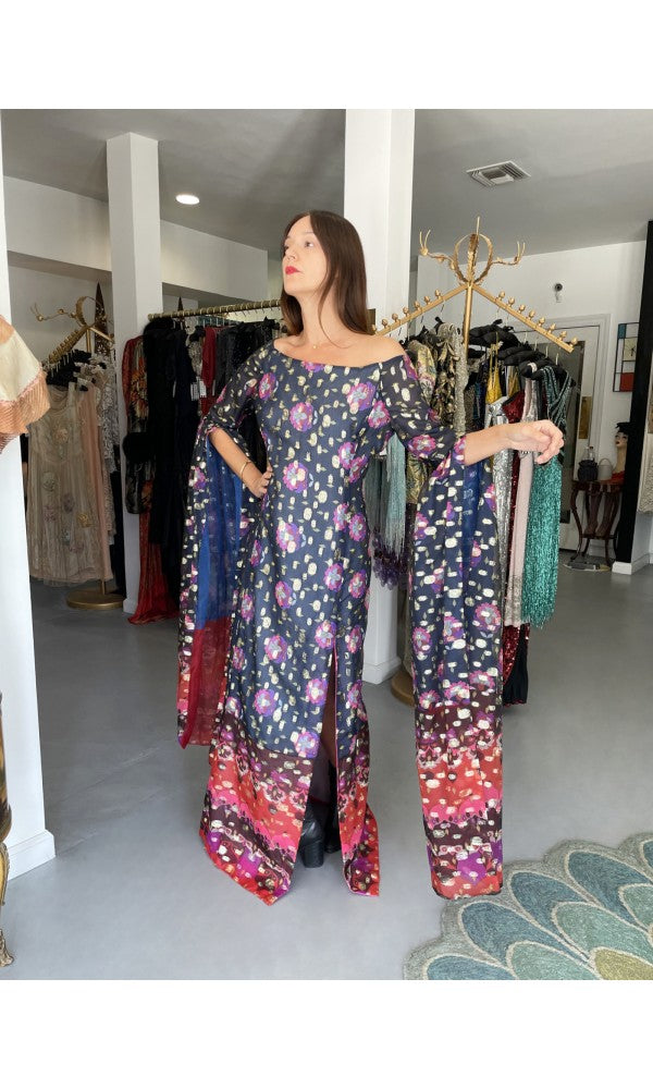 1960's Tina Leser Metallic Organza Dramatic Angel-Sleeve Psychedelic Gown