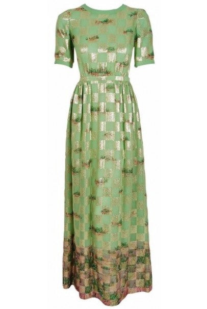 1970&#39;s Valentino Couture Metallic Gold Green Silk Novelty Frog-Print Gown Set