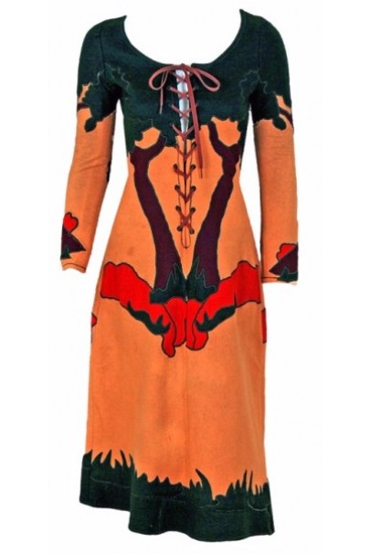 1970 Norma Kamali Couture Rare Scenic Novelty Applique Felt Lace-Up Dress