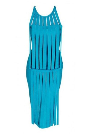 1990's Herve Leger Runway Turquoise Blue Knit Birdcage Cut-Out Bodycon Dress