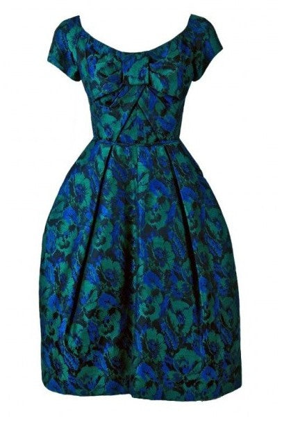1950&#39;s Michael Novarese Blue &amp; Green Floral Garden Print Silk Party Dress
