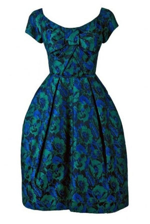 1950's Michael Novarese Blue & Green Floral Garden Print Silk Party Dress