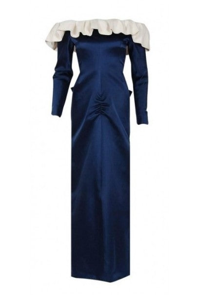 1979 Givenchy Haute-Couture Navy &amp; Ivory Satin Off-Shoulder Ruffle Evening Gown