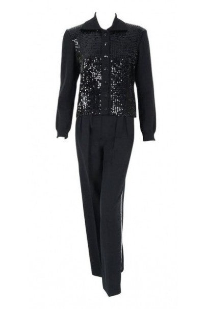 1974 Yves Saint Laurent Sequin Black Wool Sweater Le Smoking Tuxedo Pants Suit