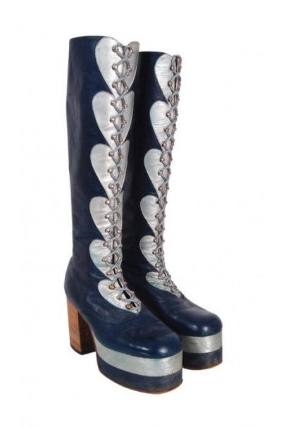 1970&#39;s Blue &amp; Silver Leather Novelty Hearts Knee-High Platform Glam-Rock Boots