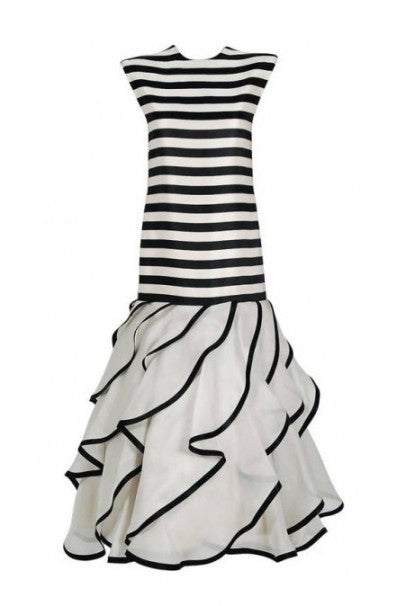 balmain black and white striped dress Strapless asymmetric draped striped jersey gown - white