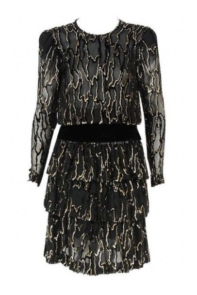 1979 Givenchy Haute Couture Metallic Gold & Black Burnout Velvet Dress