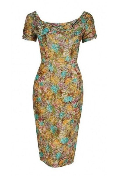 1950&#39;s Ceil Chapman Watercolor Floral Garden Print-Silk Ruched Cocktail Dress