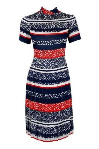 1968 Christian Dior Demi-Couture London Stripe Silk Pleated Drop-Waist Dress
