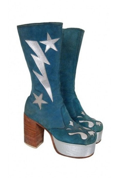 1970's Turquoise-Blue Suede Silver Leather Novelty Glam-Rock