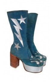 1970&#39;s Turquoise-Blue Suede &amp; Silver Leather Novelty Glam-Rock Platform Boots
