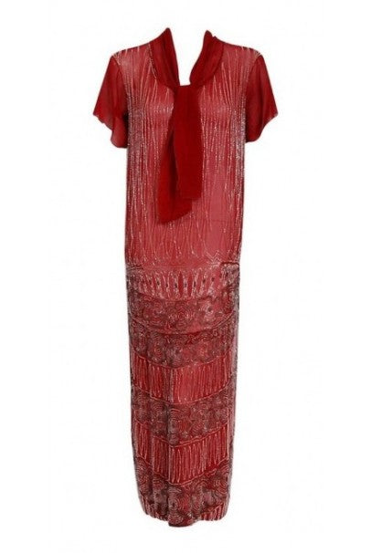 1920&#39;s Burgundy Red Beaded Deco Floral Silk Scarf-Tie Couture Flapper Dress