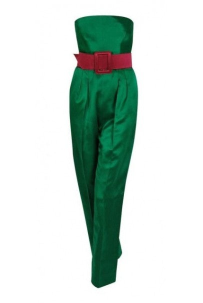 1991 Givenchy Haute-Couture Green Pink Satin Strapless Belted Jumpsuit &amp; Jacket