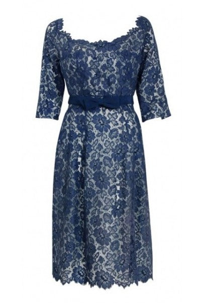 1959 Pierre Balmain Paris Navy Lace Illusion Strapless Cocktail Dress Ensemble