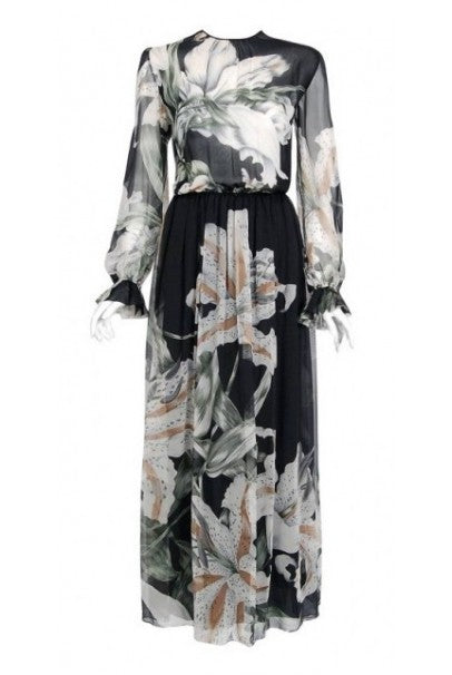 1977 Hanae Mori Couture Black Floral Print Silk-Chiffon Goddess Gown w/Tags