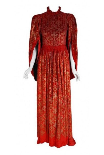 1920&#39;s Gallenga Couture Metallic Stenciled Red Velvet Angel-Sleeve Trained Gown
