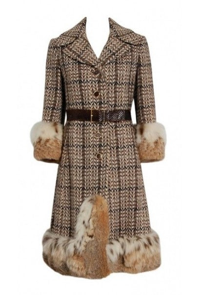 1970 Christian Dior Documented Wool Tweed &amp; Lynx Fur Belted Princess Coat