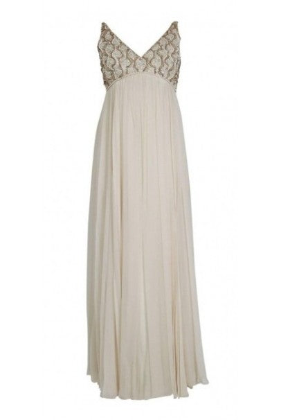 1960&#39;s Malcolm Starr Beaded Ivory-Creme Silk Chiffon Empire Plunge Goddess Gown