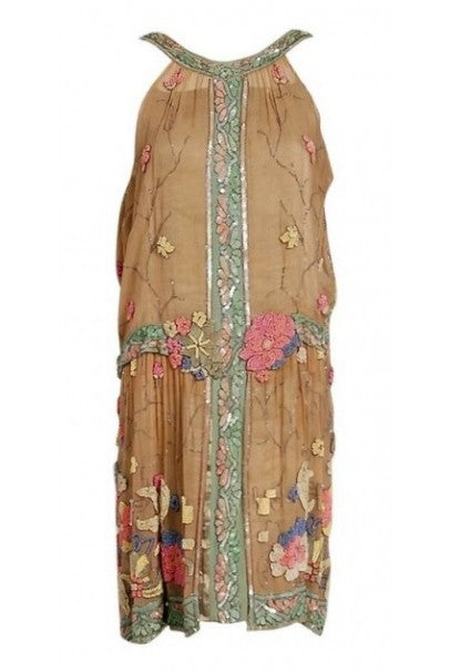 1925 Henri Bendel Couture Colorful Beaded Floral Silk &amp; Lame Flapper Deco Dress