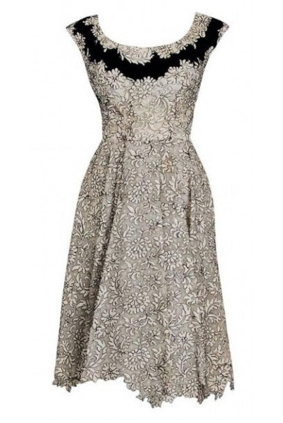 1955 Elizabeth Arden Couture Ivory Lace &amp; Black Velvet Scalloped Party Dress