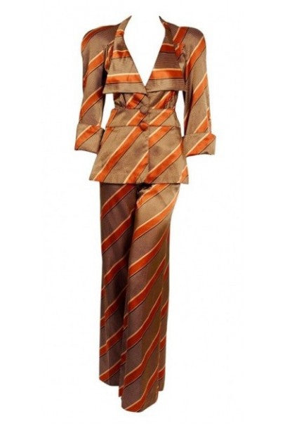 1972 Biba London Deco Striped Satin Wide-Collar Jacket &amp; Pants Suit Ensemble