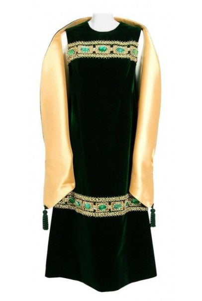 1969 Pierre Balmain Haute-Couture Green Velvet Beaded Jeweled Gown & Tassel  Wrap