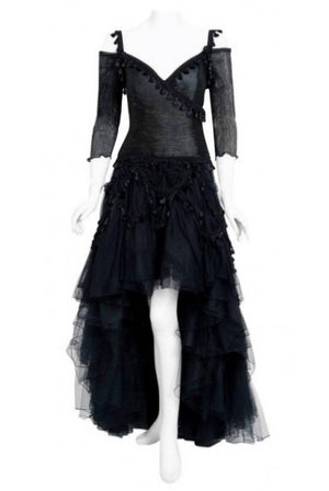 1991 Zandra Rhodes Black Tulle Tassel Fringe Bare Shoulder High-Low Gothic Gown