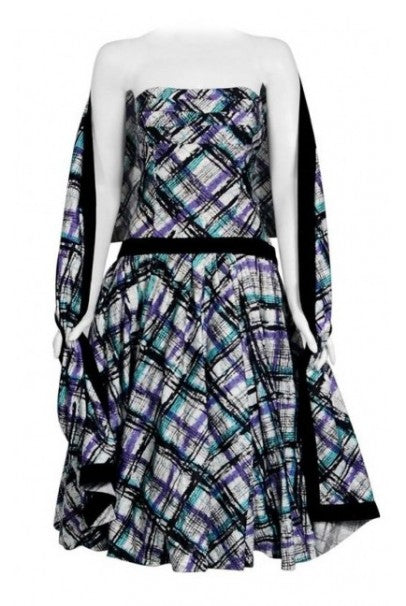 1950&#39;s Graphic Plaid Print Cotton Strapless Shelf-Bust Bustle Back Dress &amp; Shawl