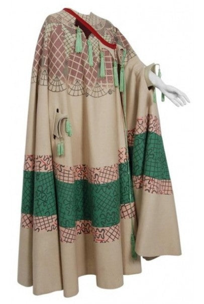 1970 Zandra Rhodes Couture Graphic Print Wool Bohemian Tassels Full-Length Cape