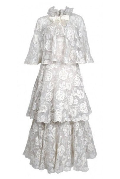 1960’s Arnold Scaasi Couture White Embroidered Floral Lace Strapless Tiered Gown &amp; Capelet