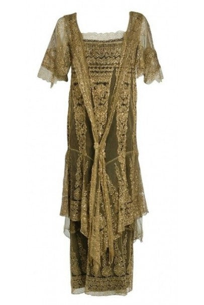 1920&#39;s Oppenheim Collins Couture Metallic-Gold Lace Tiered Flutter Evening Dress