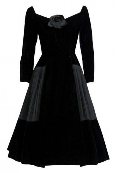 1955 Christian Dior Haute Couture Black Velvet and Pleated Silk Full P