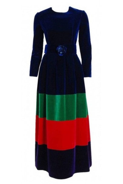 1964 Nina Ricci Couture Silk-Velvet Rainbow Stripe Block Color Belted Maxi Dress