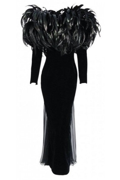 1990 Christian Dior Haute-Couture Black Velvet Feather Hourglass Fishtail Gown