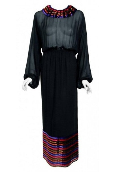 1978 Lanvin Couture Black Sheer Silk Chiffon and Stripe Velvet 