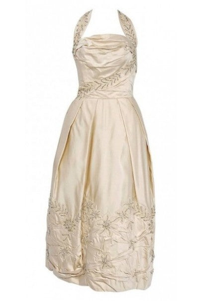 1950&#39;s Ceil Chapman Ivory Beaded Floral Applique Silk Satin Halter Party Dress