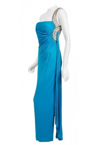 1986 Travilla Whitney Houston Design Blue Beaded One-Shoulder Jersey Gown