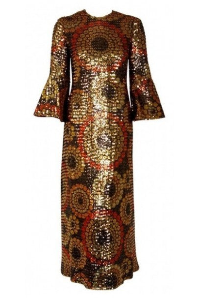 slim fit dress slacks 1968 Pierre Balmain Haute Couture Graphic Sequin Bell Sleeve Column Dr
