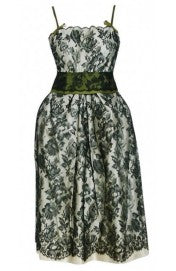 1956 Chloe Paris Couture Ivory Satin &amp; Black Floral Lace Belted Cocktail Dress