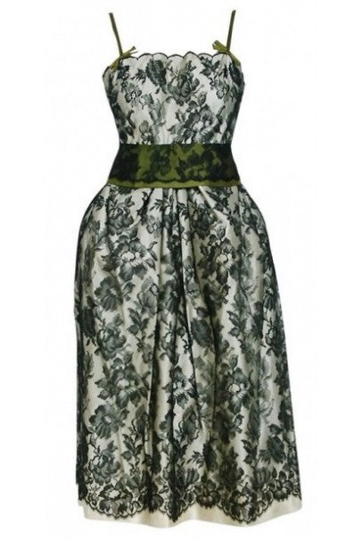 1956 Chloe Paris Couture Ivory Satin Black Floral Lace Belted