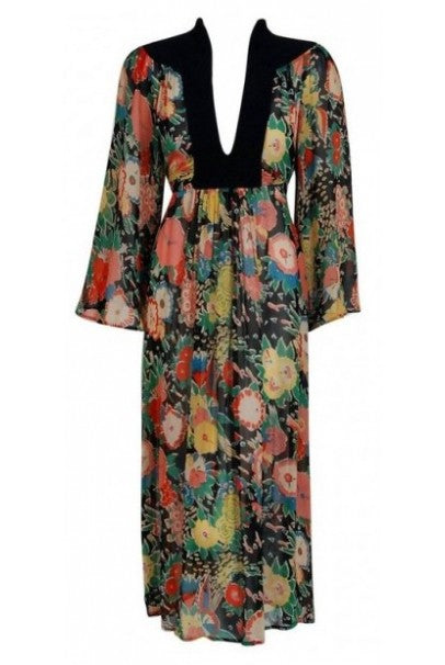 1972 Ossie Clark Colorful Floral Celia Birtwell Print Silk &amp; Crepe Belted Dress