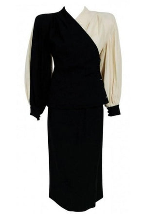 1945 Lilli-Ann Black and Ivory Block-Color Wool Crepe Pleated Jacket Skirt Suit