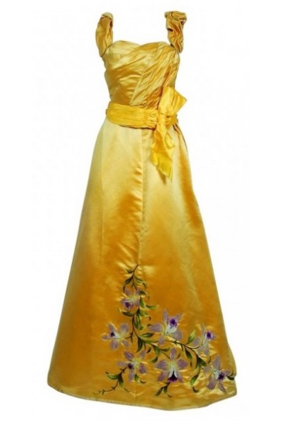 1895 Mme Arnaud French Couture Victorian Floral Embroidered Yellow Satin Gown