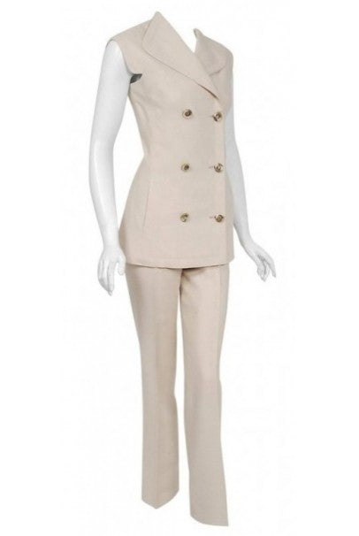 1968 Pierre Cardin Oatmeal Linen Double-Breasted Mod Tailored Pantsuit Ensemble