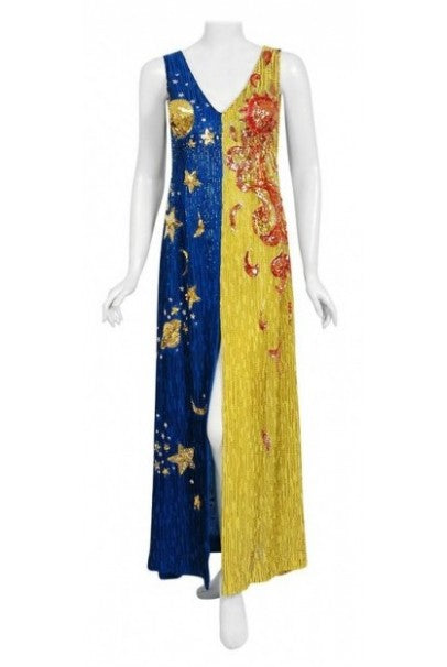 1969 Boyd Clopton Couture Celestial Sun &amp; Moon Beaded Sequin High-Slit Gown